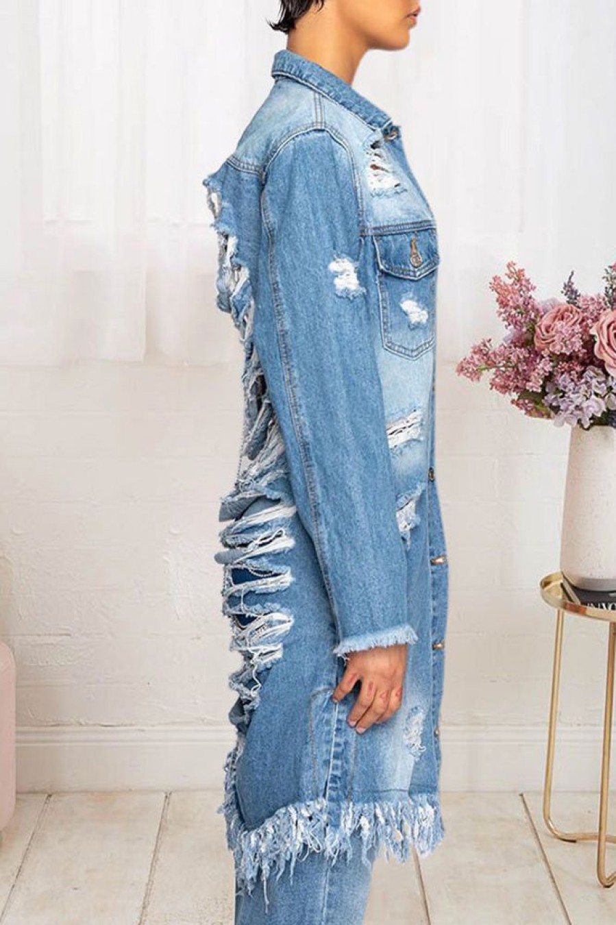 Tops & Outerwear female | Fashion Ripped Fringed Long Sleeve Denim Cardigan Trench Coat Wathet Blue