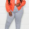 Tops & Outerwear female | Casual Solid Color Paneled Ribbed Plus Size Baseball Jacket Orange