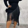 Dresses female | Solid Color Asymmetrical Fringe Stitching Long-Sleeved Midi Dress Black