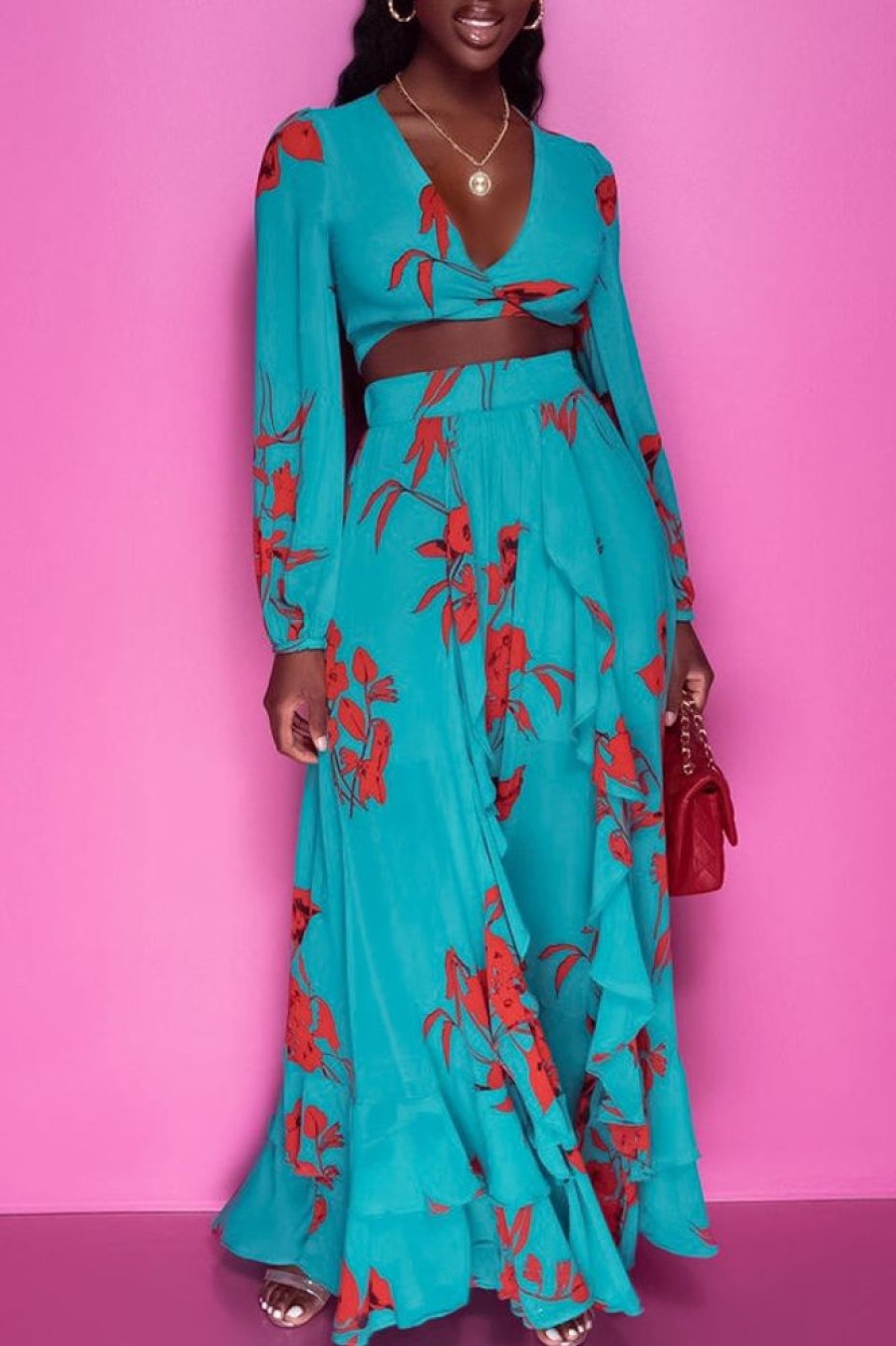 2-Pieces female | Floral Print Draped Elegant Maxi Skirt Set Blue