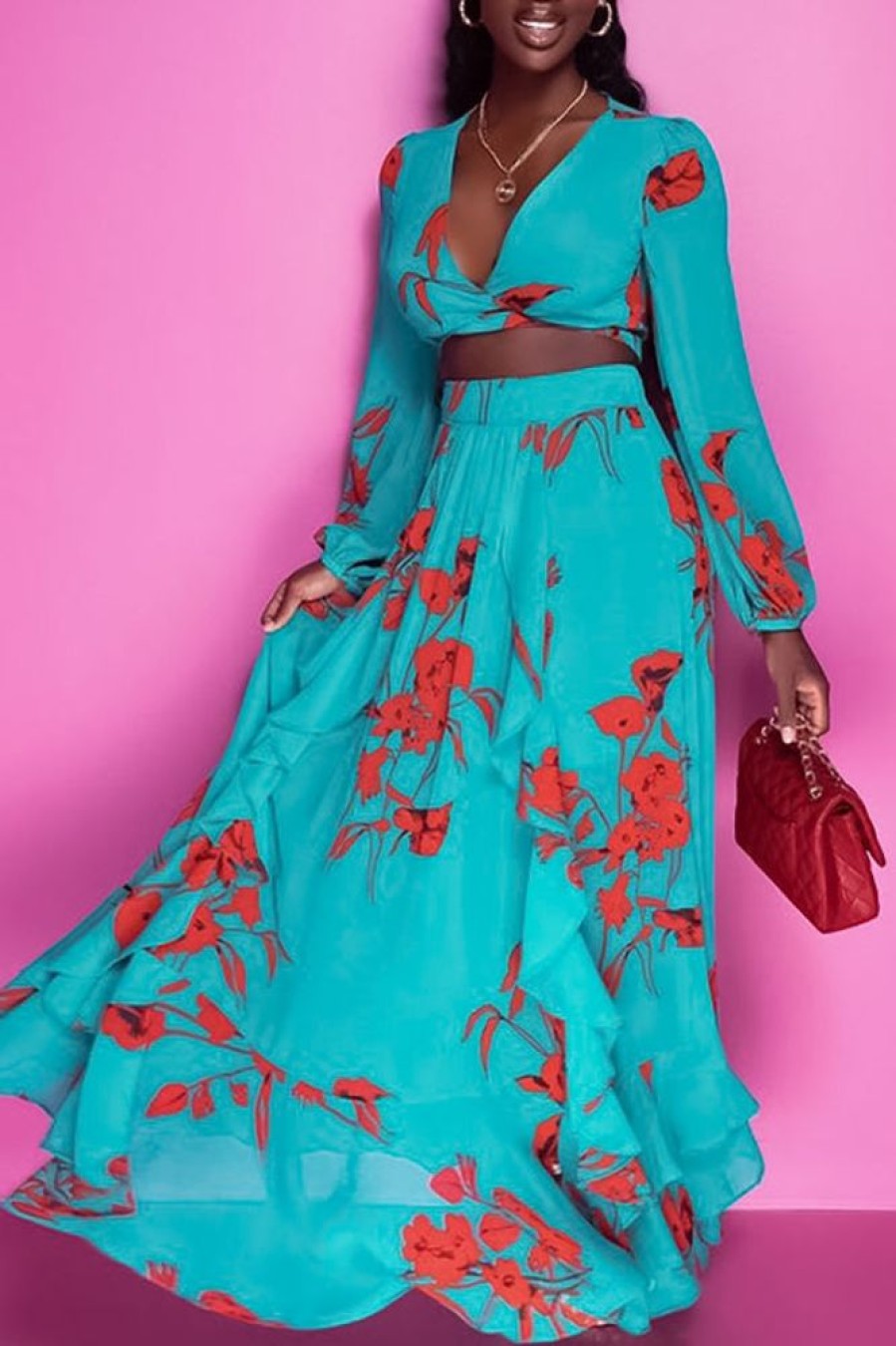 2-Pieces female | Floral Print Draped Elegant Maxi Skirt Set Blue