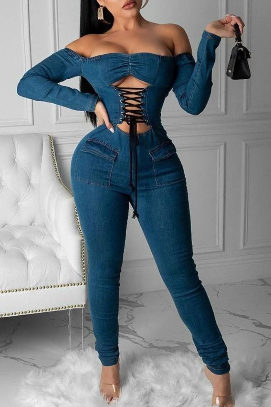 Jumpsuits & Rompers female | Sexy One Shoulder Strappy Denim Jumpsuit Blue