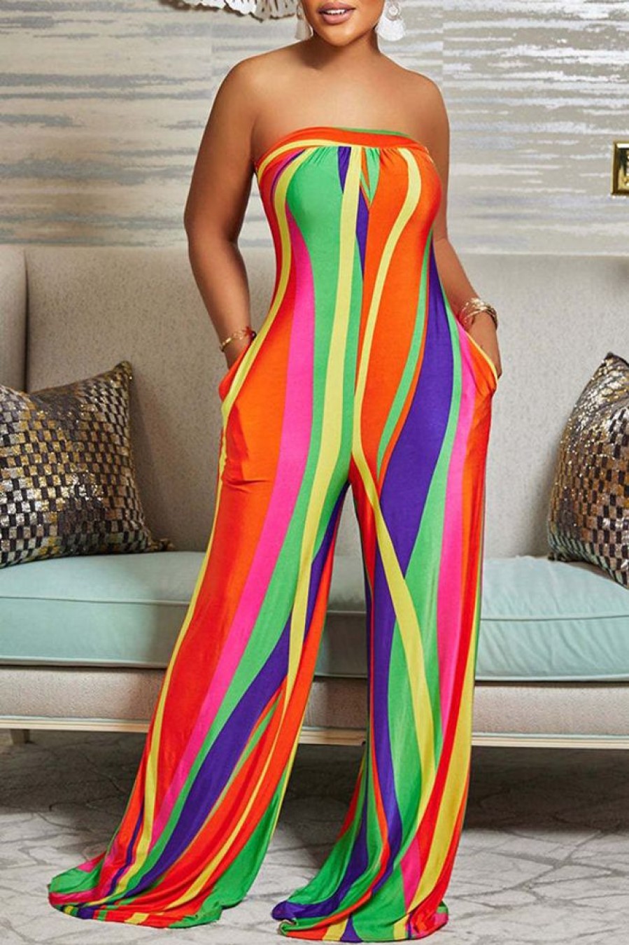 Jumpsuits & Rompers female | Bright Abstract Print Wrap Bust Wide-Leg Jumpsuit Multicolor