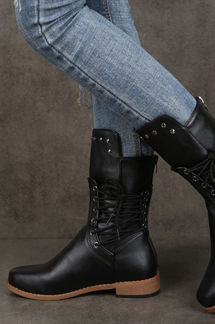 Accessories female | Vintage Faux Leather Studded Lace-Up Mid-Calf Casual Boots