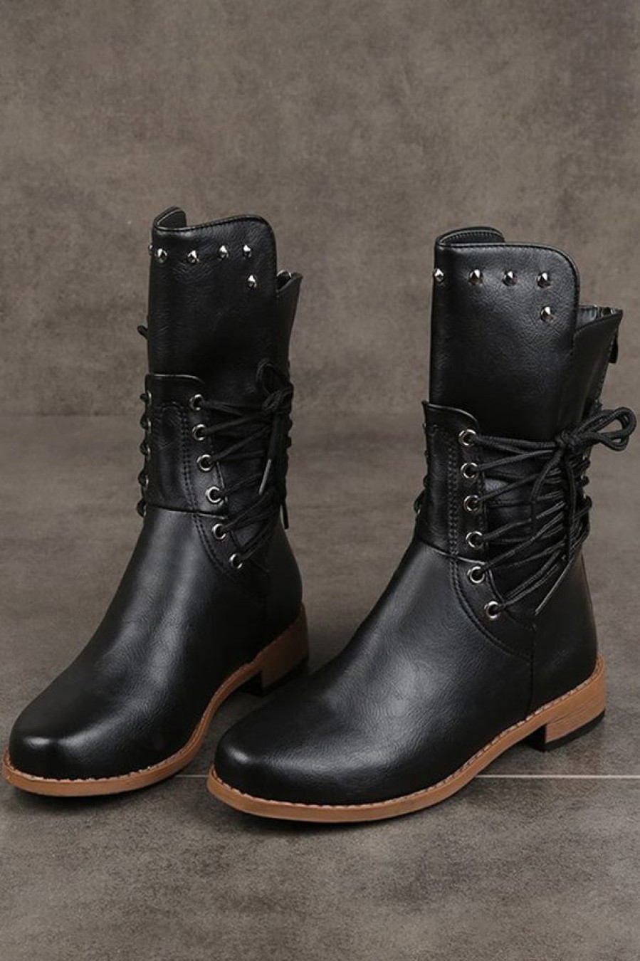 Accessories female | Vintage Faux Leather Studded Lace-Up Mid-Calf Casual Boots