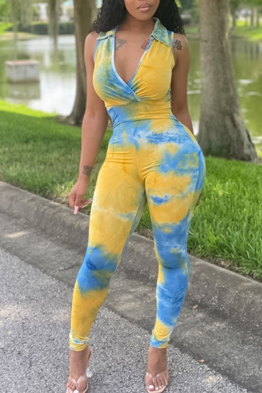 Jumpsuits & Rompers female | Sexy Tie Dye Printed V Neck Slim Fit Jumpsuits Yellow