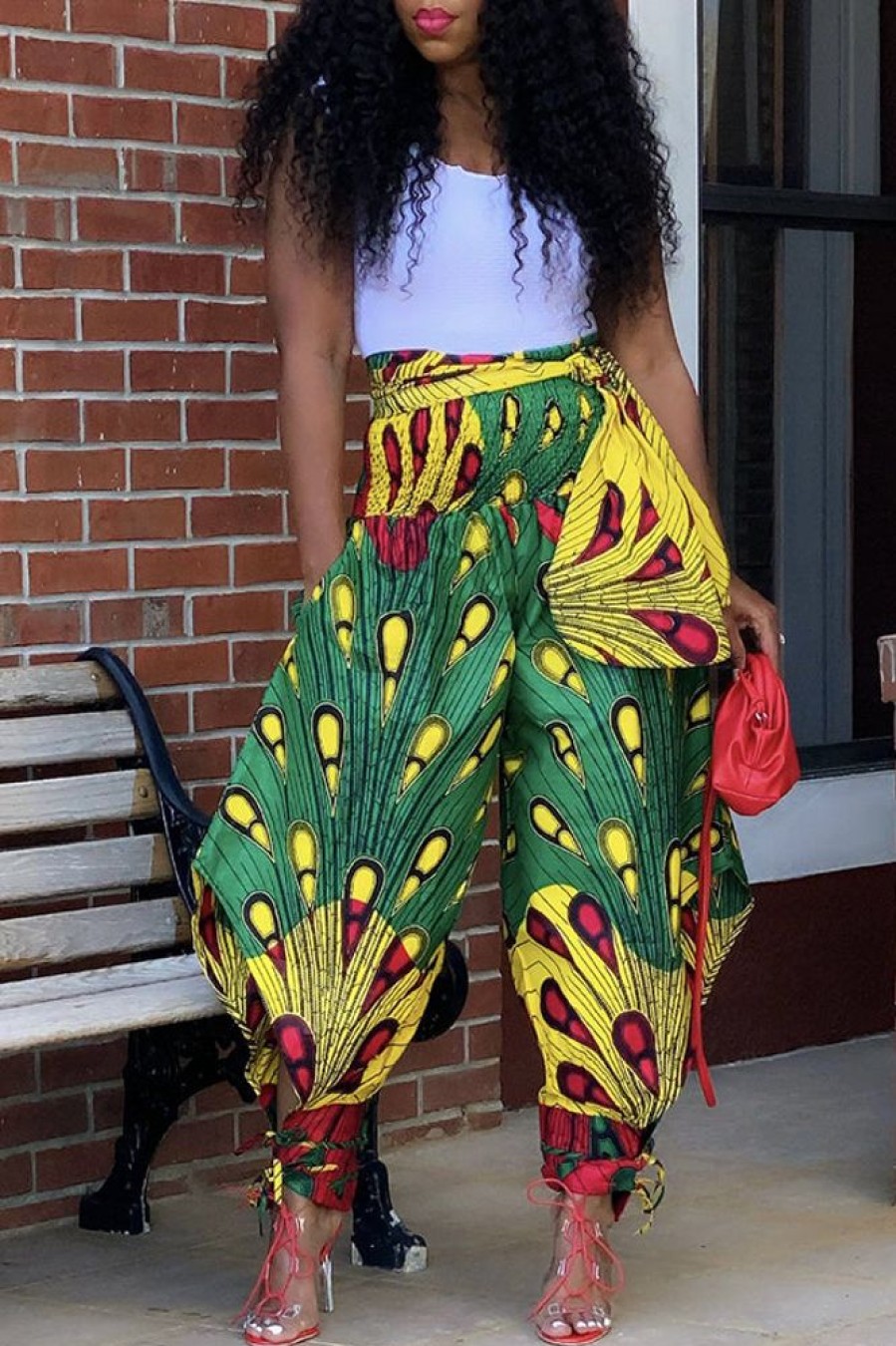 Bottoms female | Trendy Colorful Print High Waist Tie Harem Pants Green