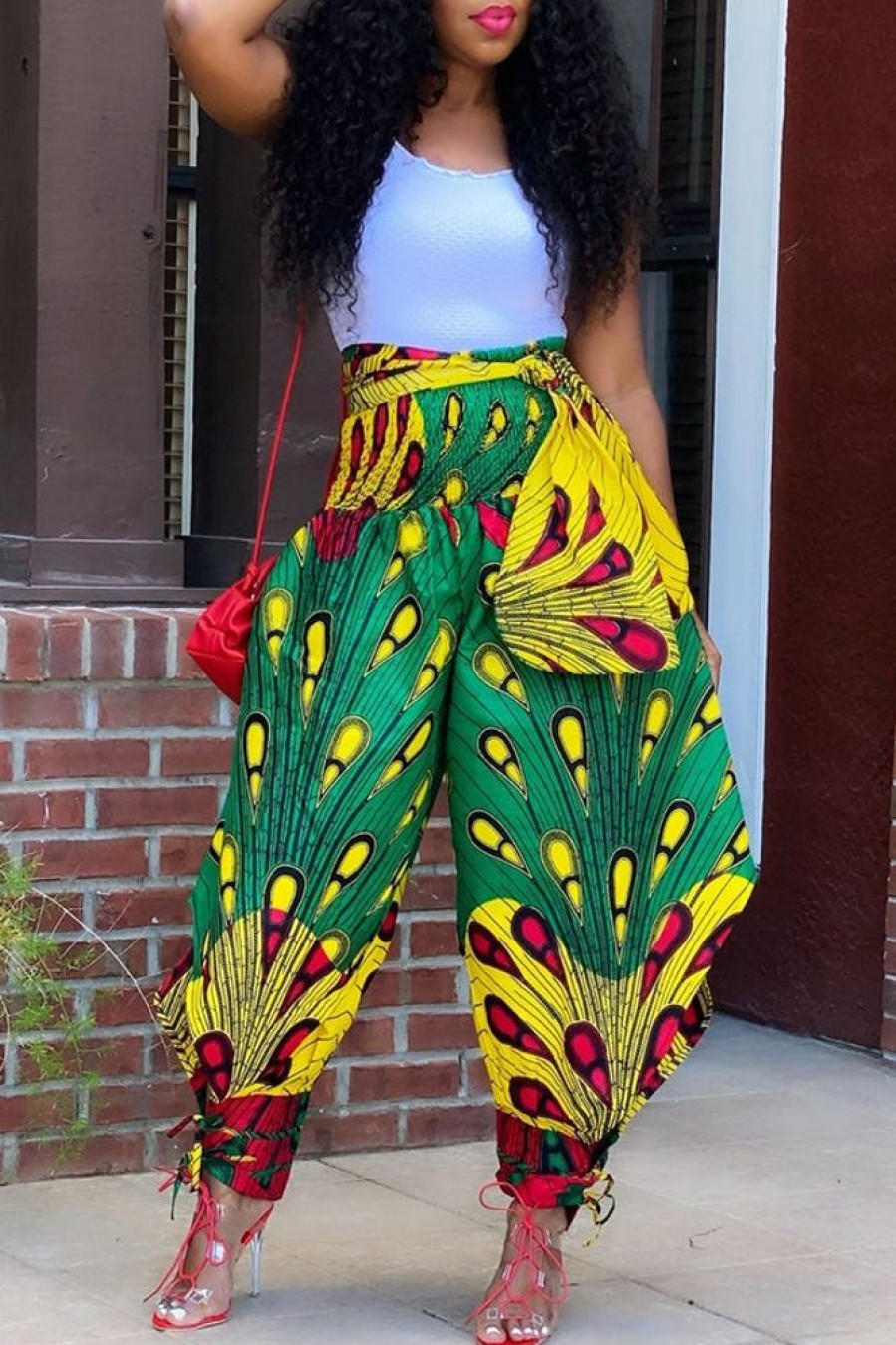 Bottoms female | Trendy Colorful Print High Waist Tie Harem Pants Green