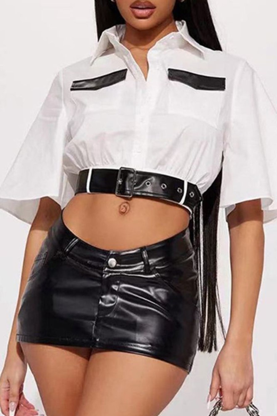 Tops & Outerwear female | Fashion Faux Leather Panel Belt Short Sleeve Short Blouse White