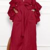 Dresses female | V-Neck Solid Ruffle Sleeve Pocket Tie Maxi Dress