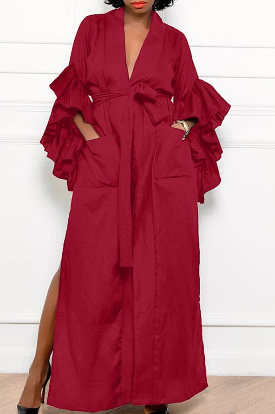 Dresses female | V-Neck Solid Ruffle Sleeve Pocket Tie Maxi Dress