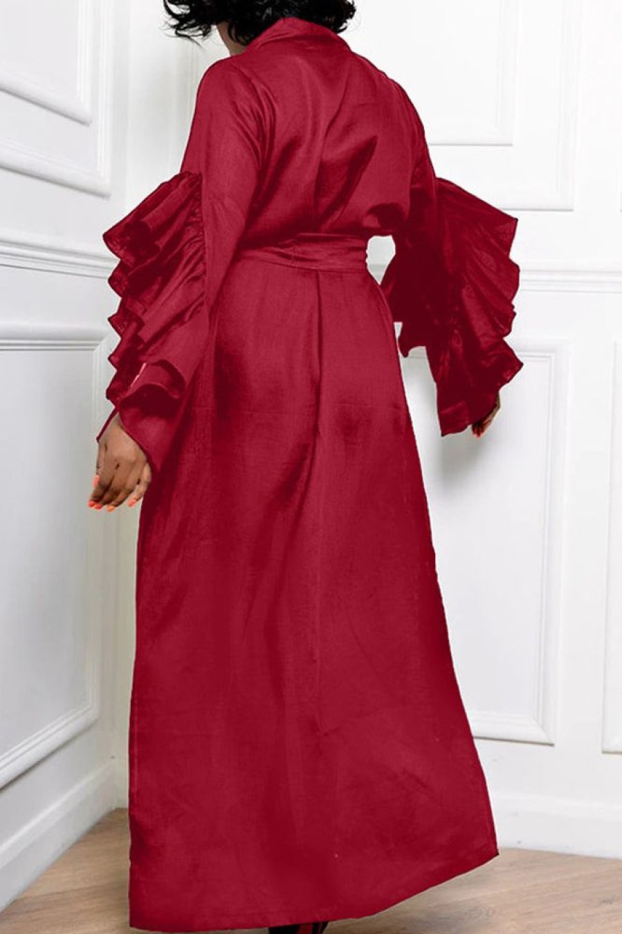 Dresses female | V-Neck Solid Ruffle Sleeve Pocket Tie Maxi Dress