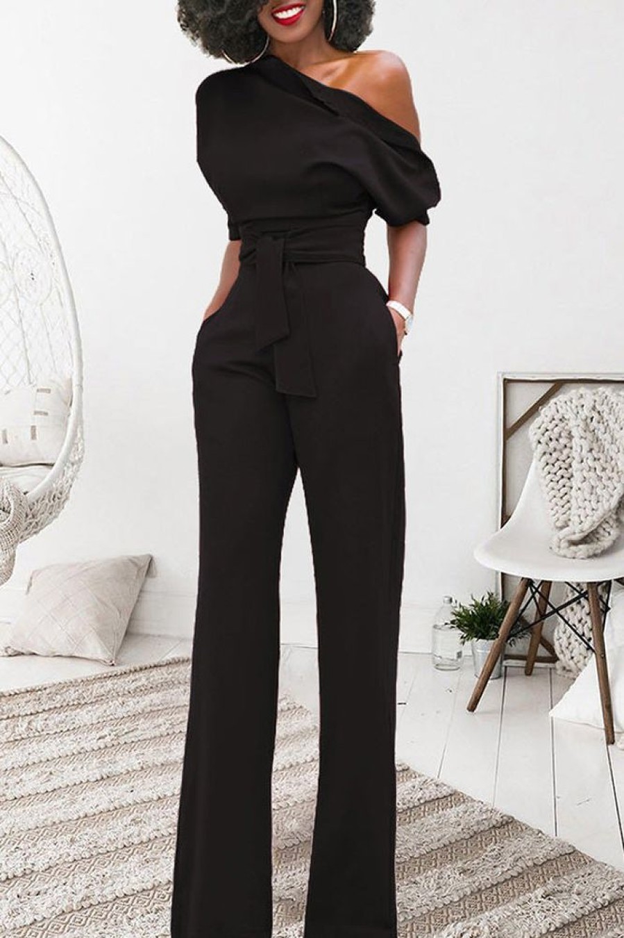 Jumpsuits & Rompers female | Classic Solid Color Diagonal Belt Jumpsuit