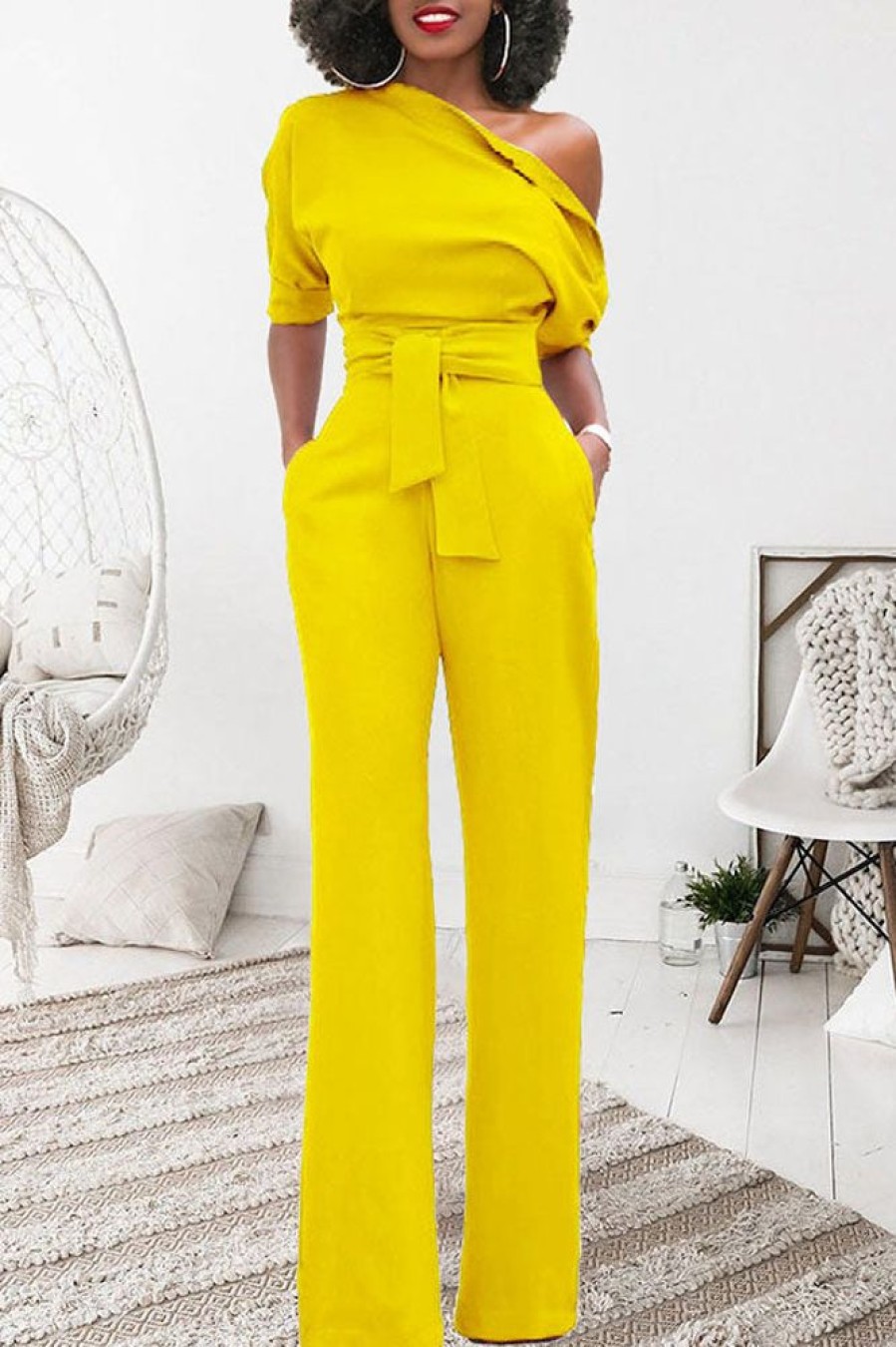 Jumpsuits & Rompers female | Classic Solid Color Diagonal Belt Jumpsuit