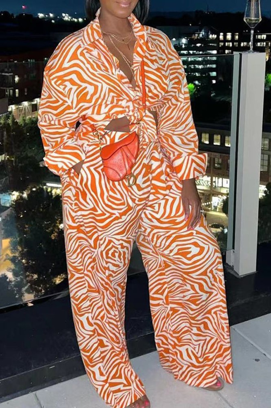 2-Pieces female | Casual Printed Long-Sleeved Shirt And Trousers Two-Piece Set Orange