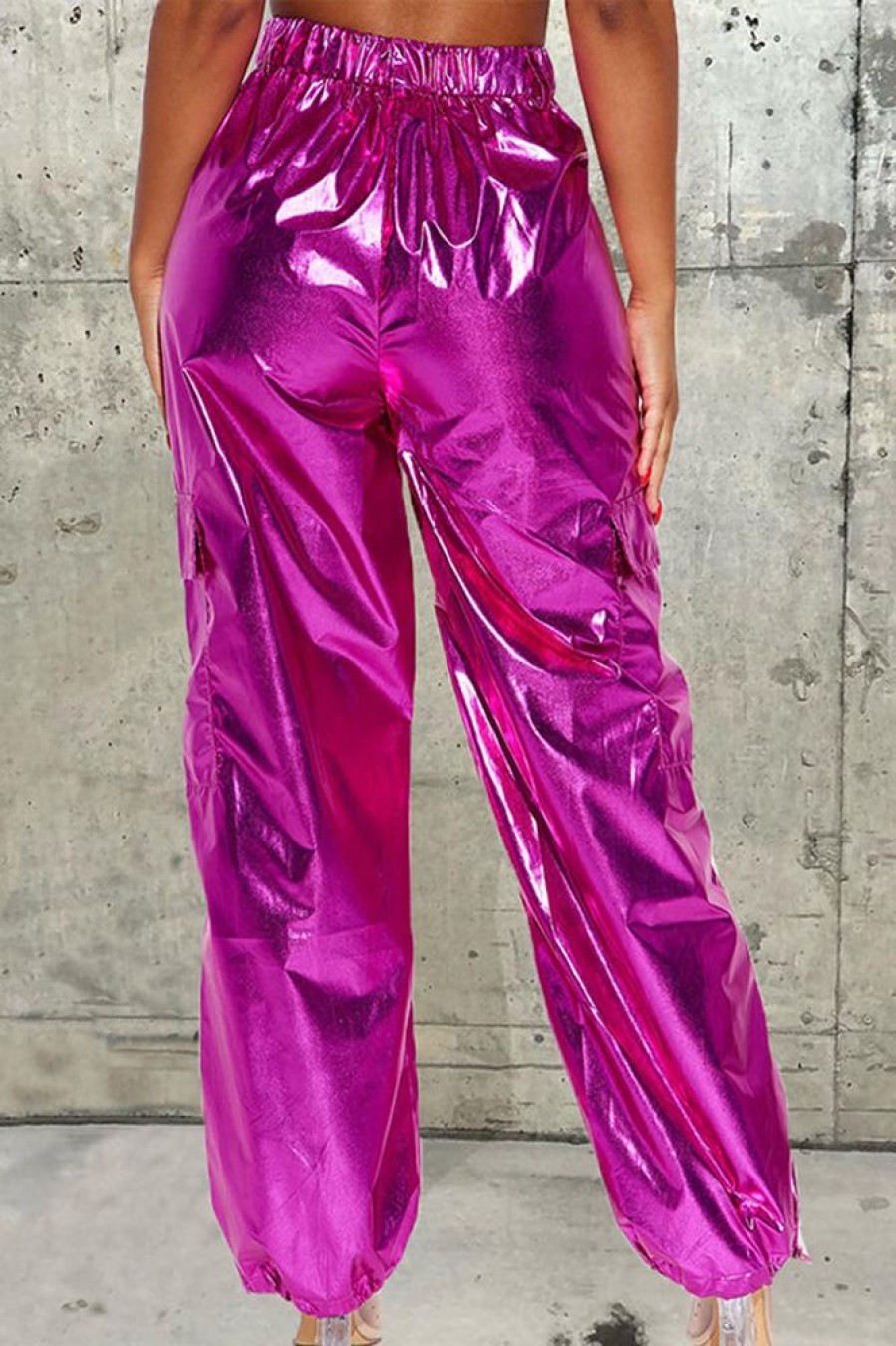 Bottoms female | Casual Hip-Hop Glossy Stretch Leather Multi-Pocket Trousers