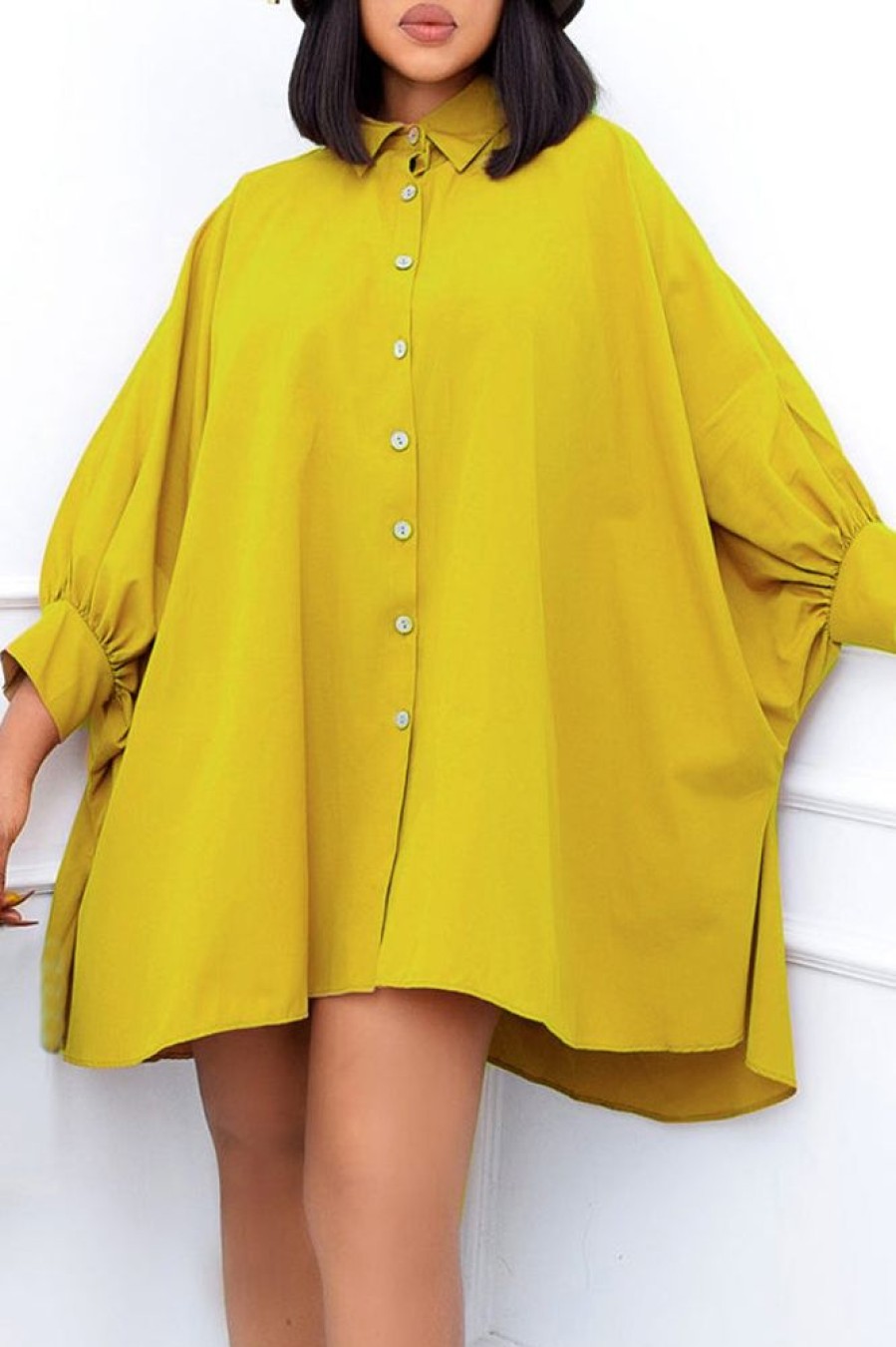 Dresses female | Casual Solid Color Batwing Sleeve Single Breasted Loose Mini Dress