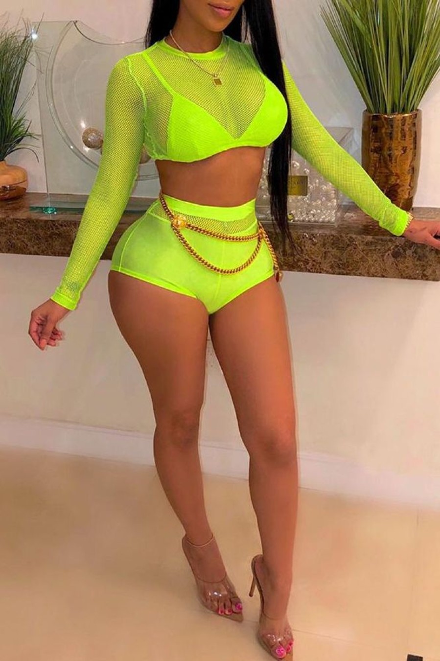 Swimwear female | Fashion Net Yarn Perspective Long Sleeve Two Piece Pant Suits Yellow