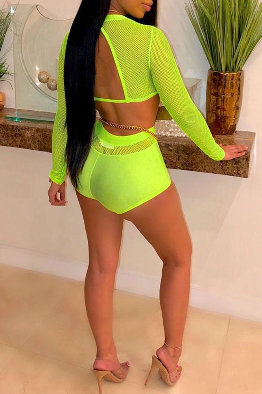 Swimwear female | Fashion Net Yarn Perspective Long Sleeve Two Piece Pant Suits Yellow