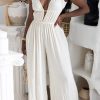 Jumpsuits & Rompers female | Sexy Backless Lace-Up Solid Color Sleeveless Deep V Neck Wide-Leg Jumpsuits White