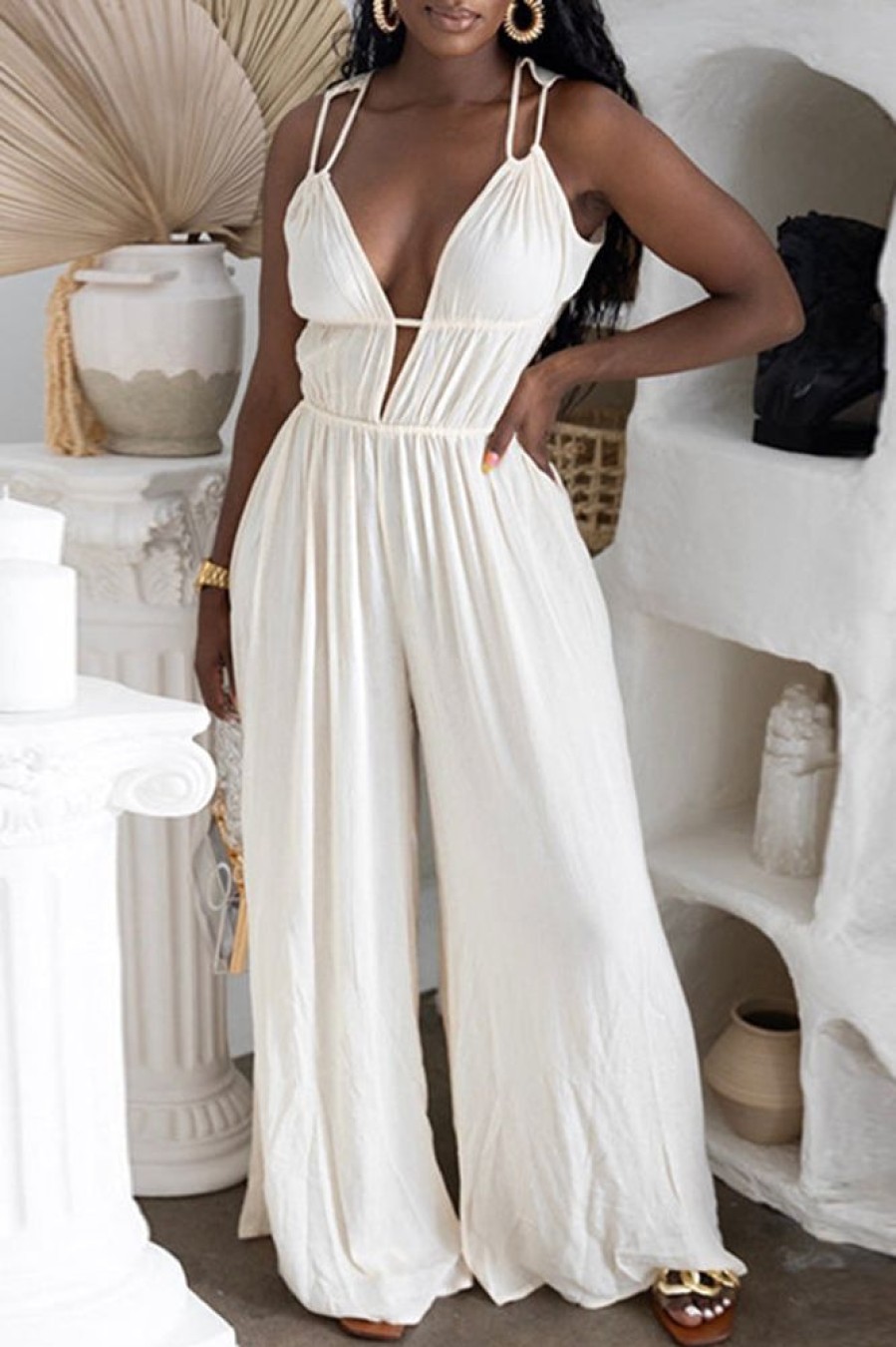 Jumpsuits & Rompers female | Sexy Backless Lace-Up Solid Color Sleeveless Deep V Neck Wide-Leg Jumpsuits White