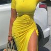 Dresses female | Casual Solid Short Sleeve Drawstring Pleated Midi Dress