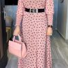 Dresses female | Temperament Polka Dot Print Long Sleeve Belt Maxi Dress Pink