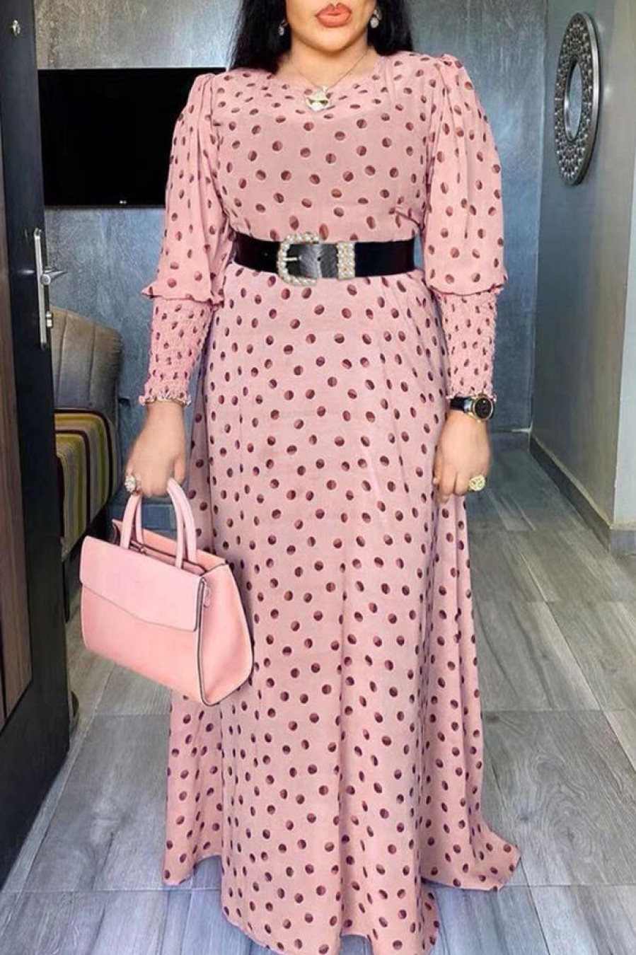 Dresses female | Temperament Polka Dot Print Long Sleeve Belt Maxi Dress Pink