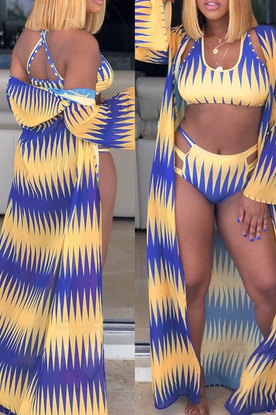 Swimwear female | Contrast Print Bikini Cape Beach Three-Piece Swimsuit