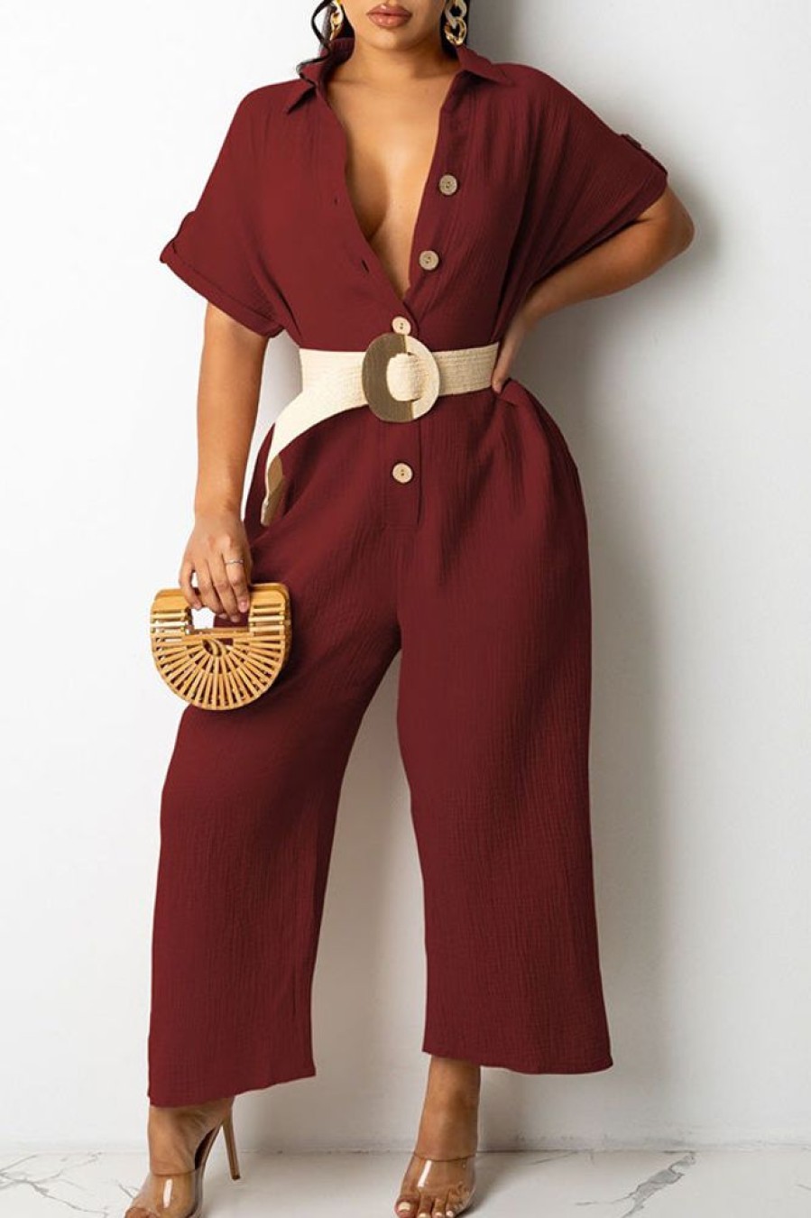 Jumpsuits & Rompers female | Cotton Blend Shirt Collar Single-Breasted Pocket Jumpsuit