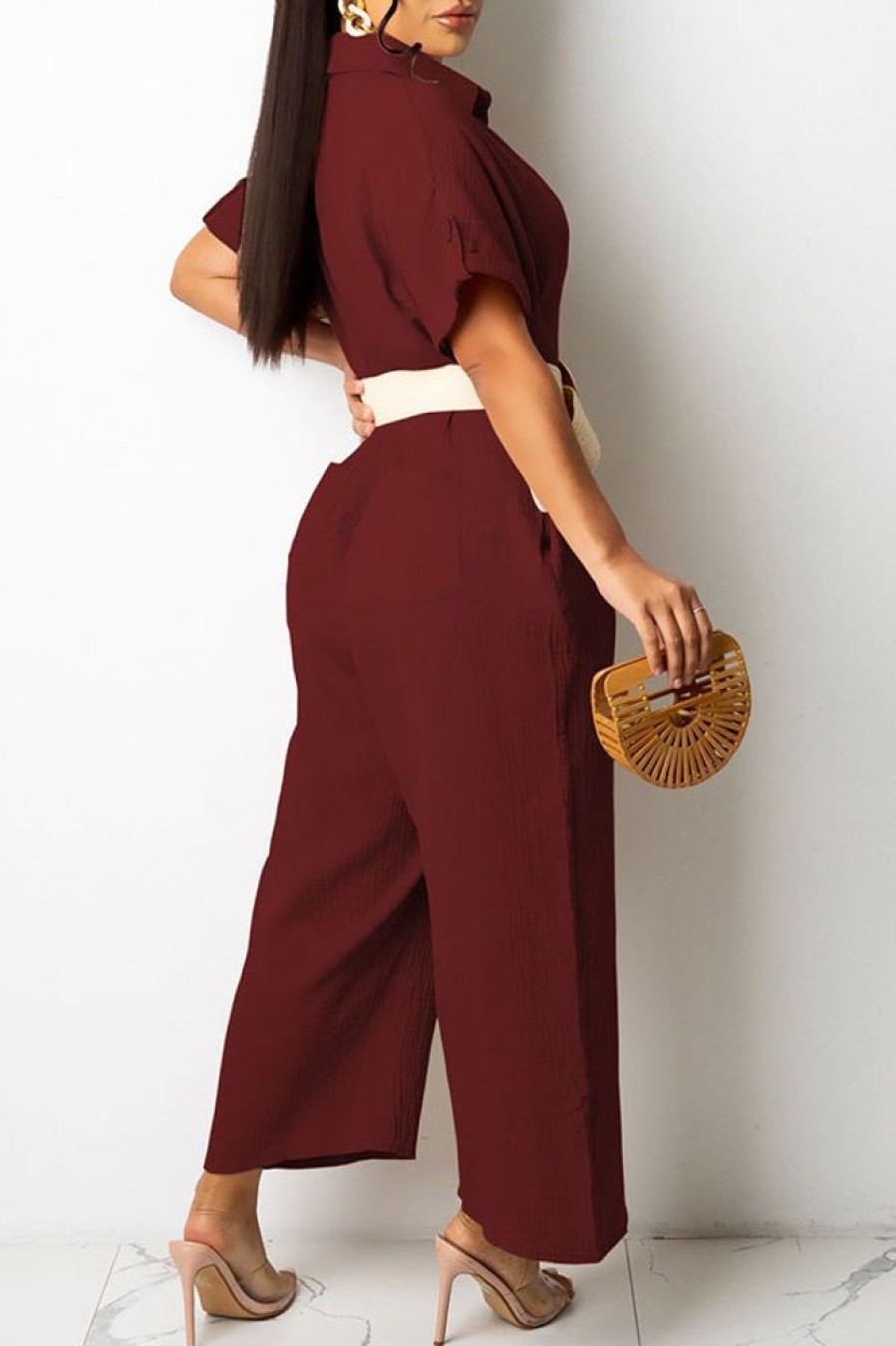 Jumpsuits & Rompers female | Cotton Blend Shirt Collar Single-Breasted Pocket Jumpsuit