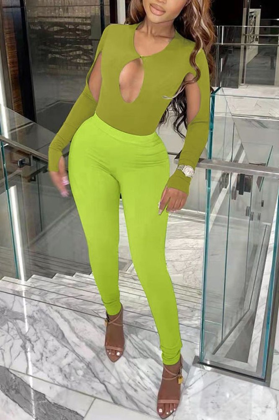 2-Pieces female | Sexy Hollow Stretch Tight Two Piece Pant Suits Green