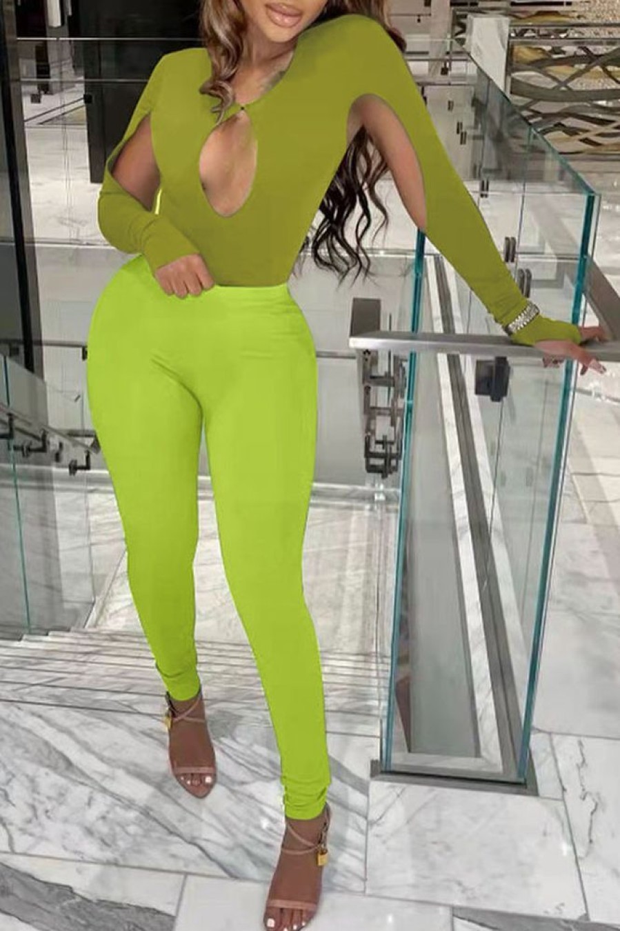 2-Pieces female | Sexy Hollow Stretch Tight Two Piece Pant Suits Green