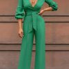 Jumpsuits & Rompers female | V-Neck Belted Long Sleeve High Waist Jumpsuit Green