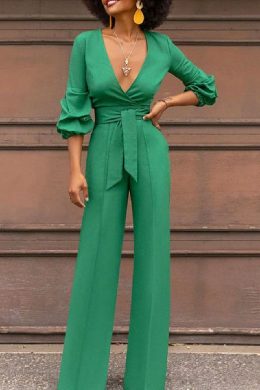 Jumpsuits & Rompers female | V-Neck Belted Long Sleeve High Waist Jumpsuit Green