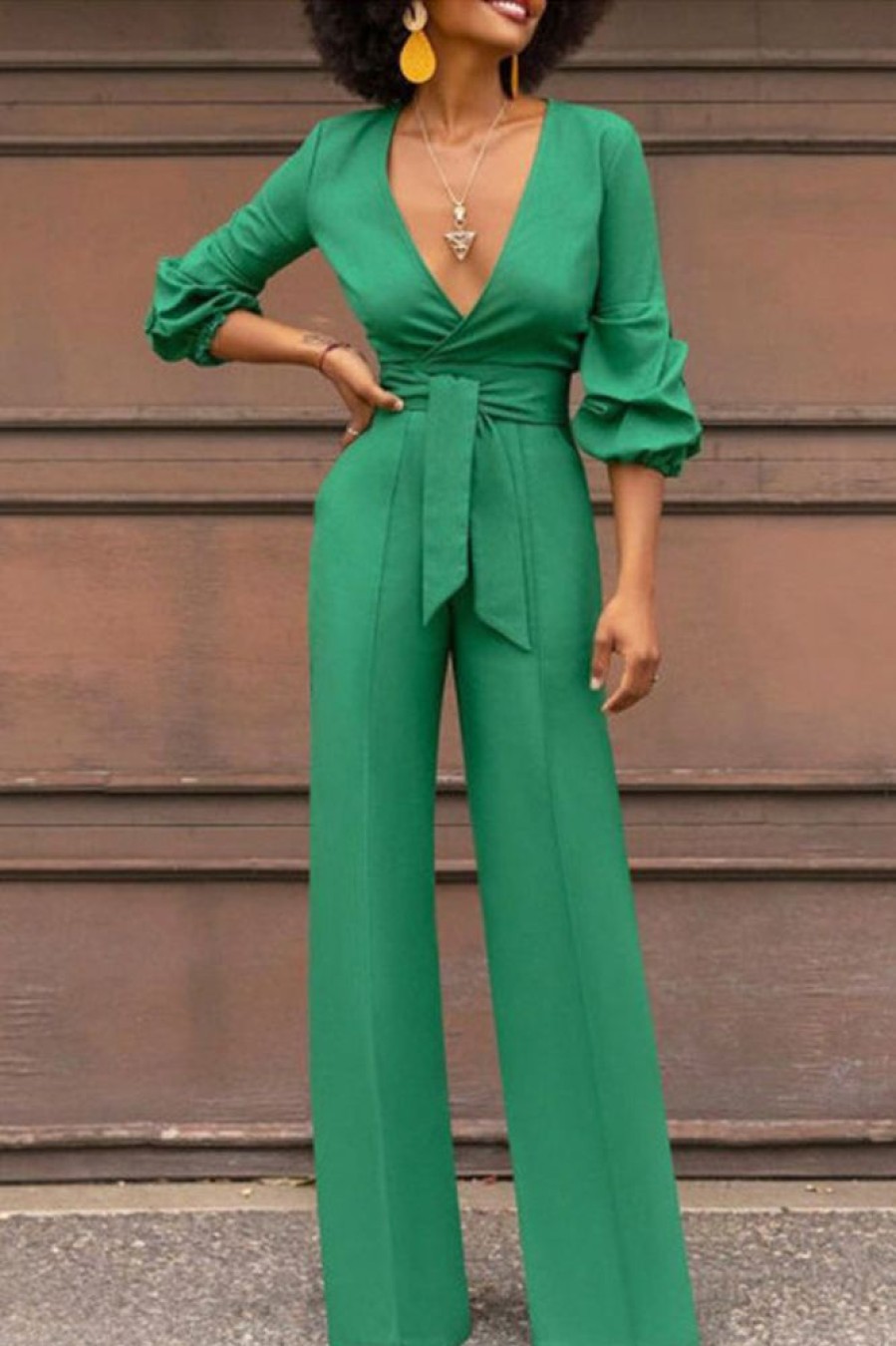 Jumpsuits & Rompers female | V-Neck Belted Long Sleeve High Waist Jumpsuit Green