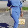 2-Pieces female | Diamond Tassel Trim Casual V-Neck Top & Pocket Pants Set Wathet Blue