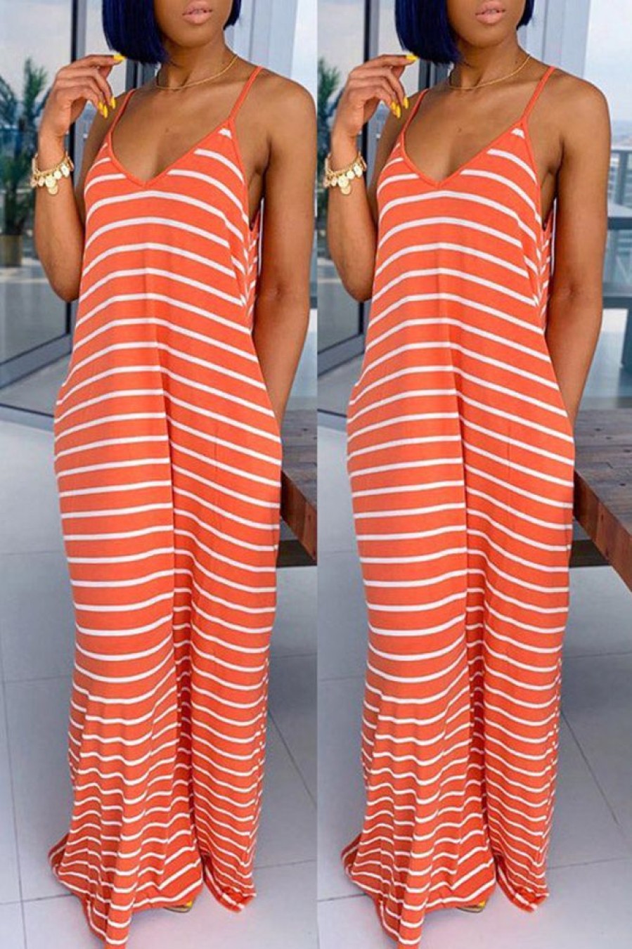 Dresses female | Casual Striped Print Loose Strap Maxi Dress