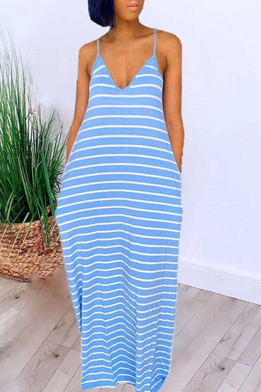 Dresses female | Casual Striped Print Loose Strap Maxi Dress