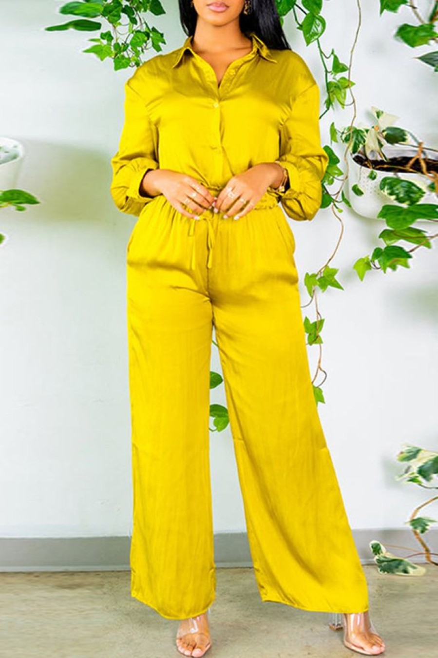 2-Pieces female | Simple Solid Color Satin Long Sleeve Blouse Drawstring Straight Leg Pant Suits Yellow