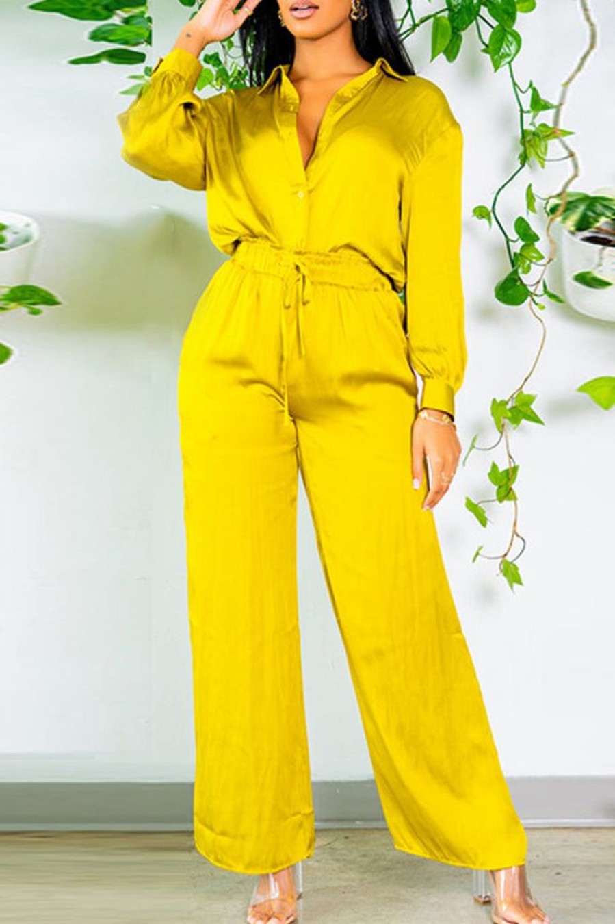 2-Pieces female | Simple Solid Color Satin Long Sleeve Blouse Drawstring Straight Leg Pant Suits Yellow