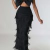 Bottoms female | Elegant High-Waisted Fringed Long Skirt Black