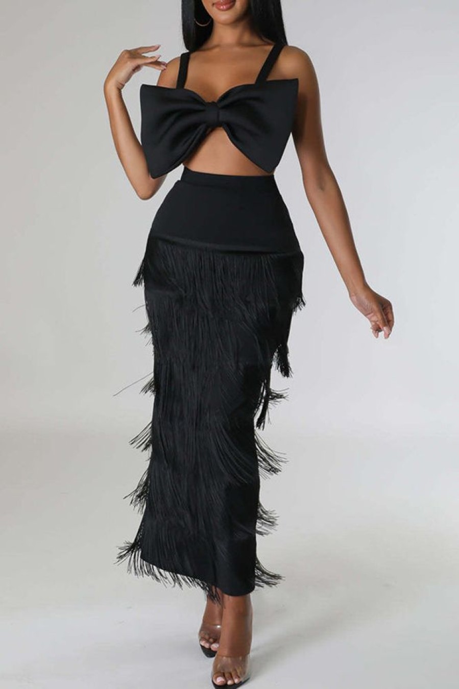 Bottoms female | Elegant High-Waisted Fringed Long Skirt Black