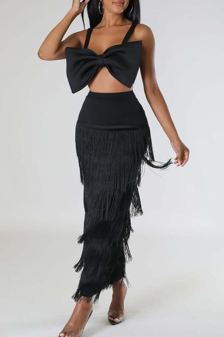 Bottoms female | Elegant High-Waisted Fringed Long Skirt Black