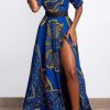 Dresses female | Fashion Mid Waist Short Sleeve Wrap Chest Print Slit Dress Blue