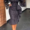 Dresses female | Elegant Lace Off The Shoulder Ruffled Slim Midi Dress Black