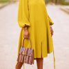 Dresses female | Simple Solid Color Puff Sleeve Slit Loose Midi Dress