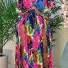 Dresses female | Plus Size Printed Cross V-Neck Long Sleeve Slit Maxi Dress