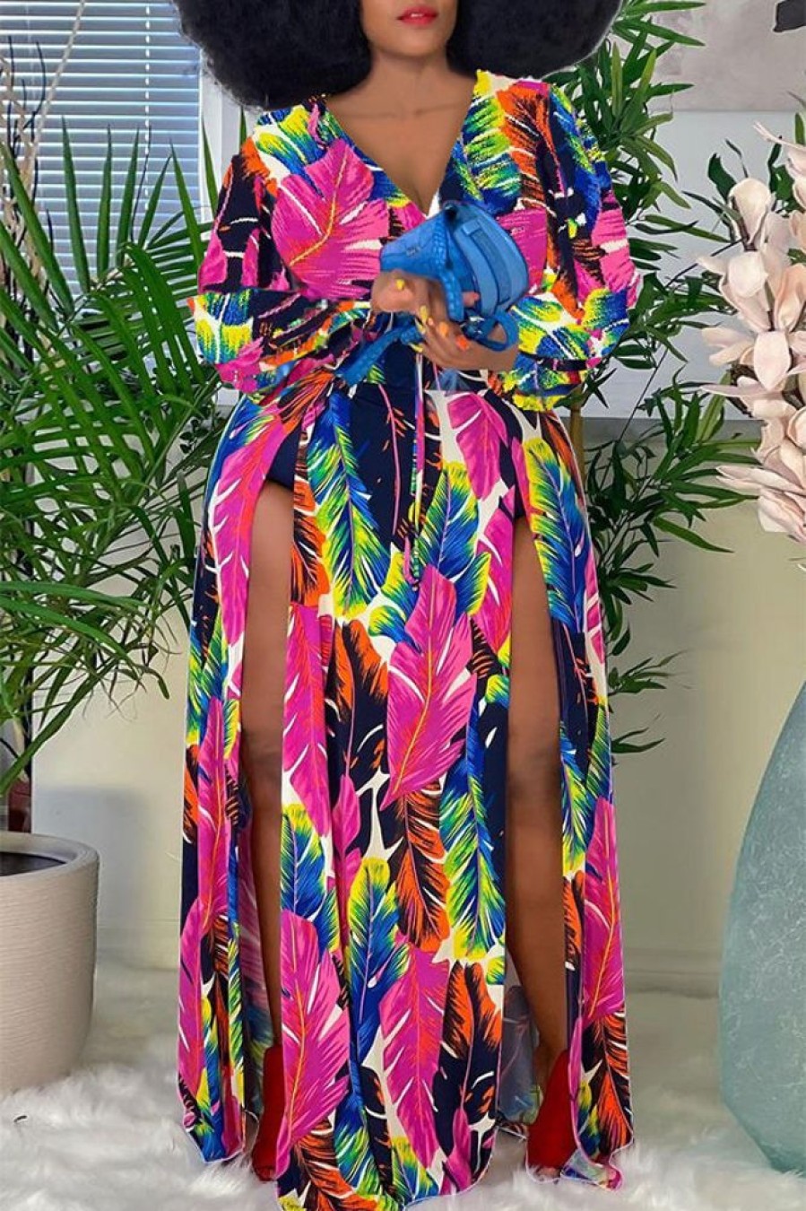 Dresses female | Plus Size Printed Cross V-Neck Long Sleeve Slit Maxi Dress