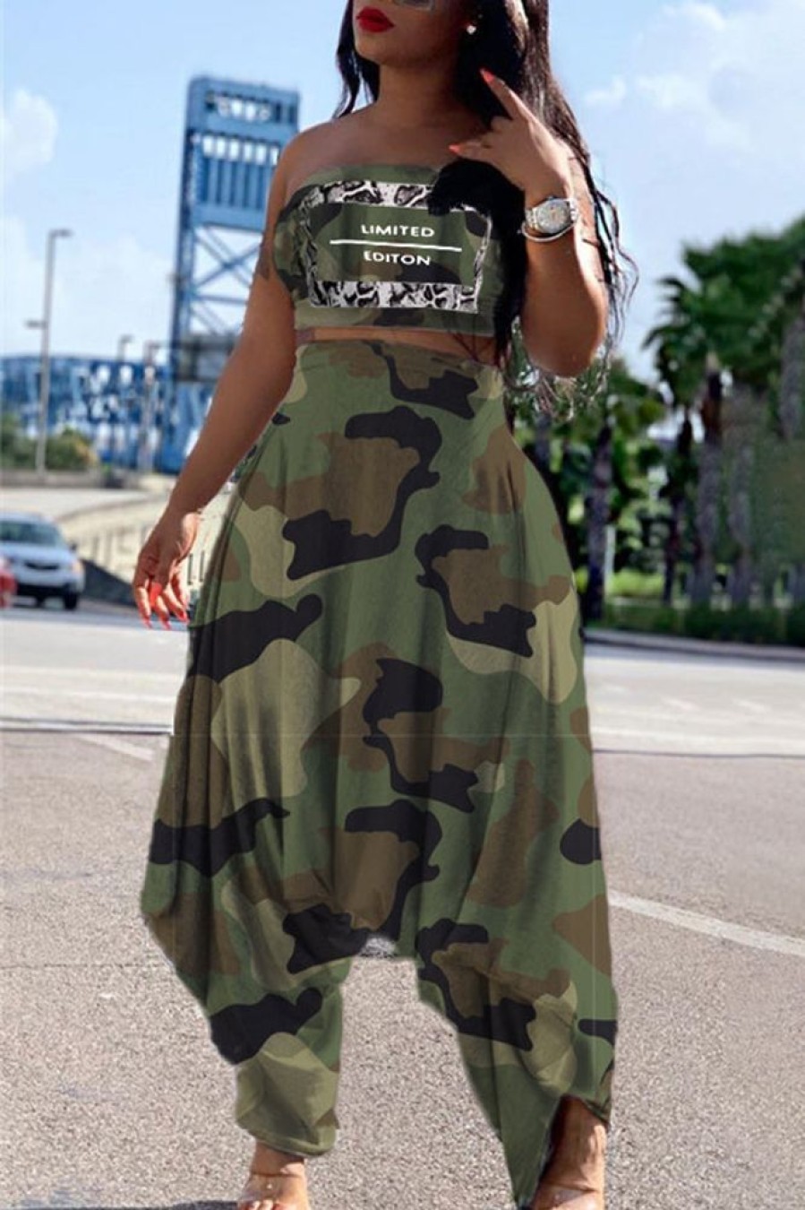 2-Pieces female | Street Fashion Camo Top & Harem Pants Set Army Green